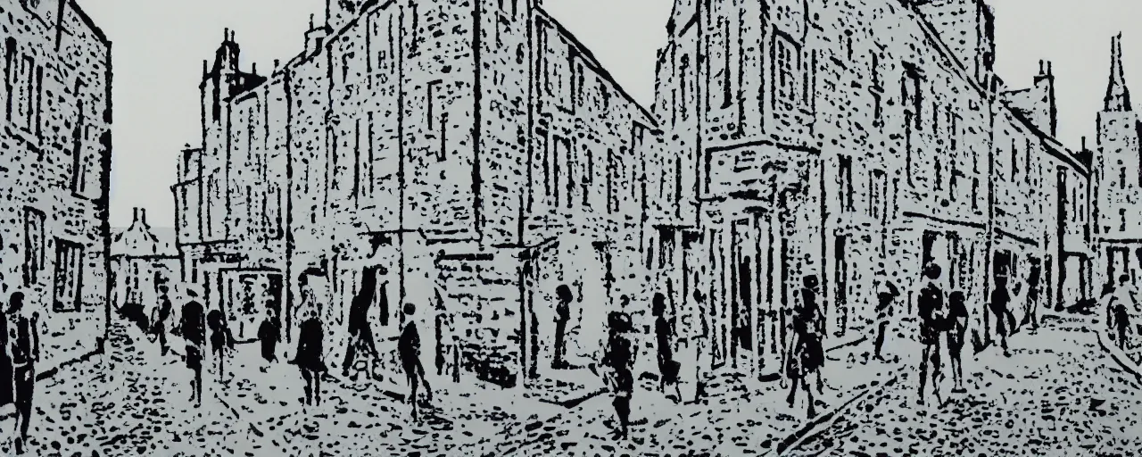 Prompt: a Screen print of street life in kirkwall orkney