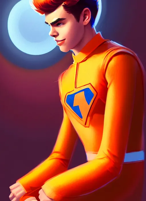 Image similar to teenage archie andrews wearing an orange superhero costume, intricate, elegant, glowing lights, highly detailed, digital painting, artstation, sharp focus, illustration, art by wlop, mars ravelo and greg rutkowski