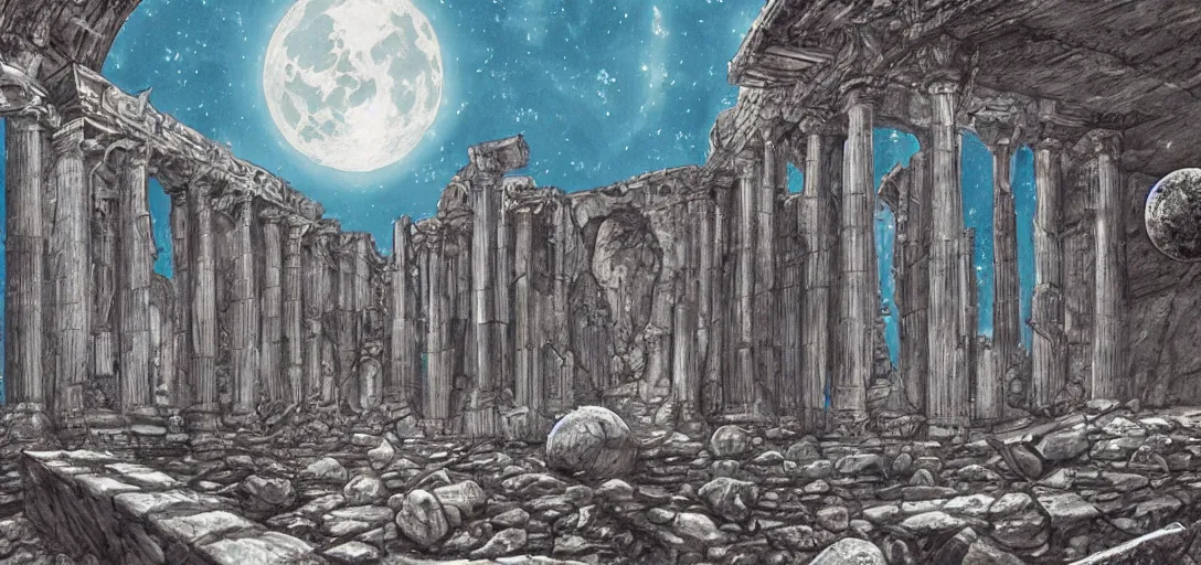 Prompt: The ruins of the Silver Millennium on the moon from Sailor Moon, digital painting, Earth in the distance, Greek-esque columns and ruins