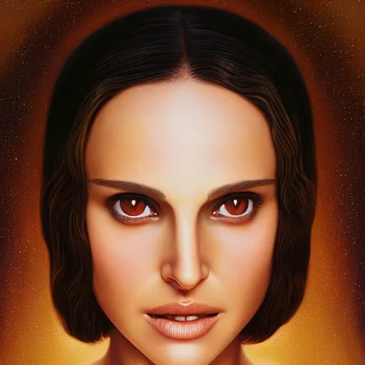 Image similar to a painting of Natalie Portman as the Messiah by Ross Tran, Bruce Timm and Vladimir Kush, highly detailed digital art, holy aura, serene expression