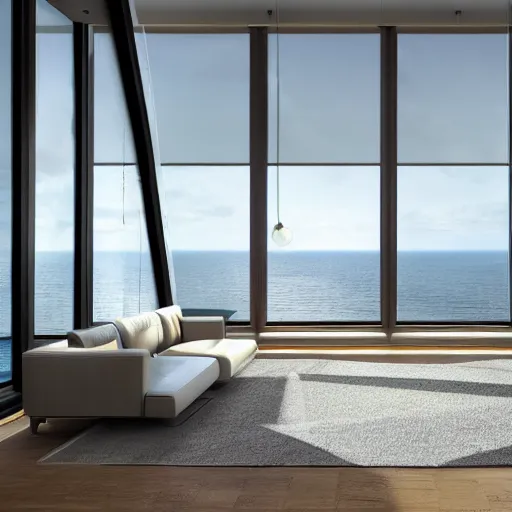 Image similar to modern futuristic interior home design, living room with window facing the sea and sun, hyper-realistic, ultra-detailed, high resolution, bright and clear, HDR shot, cinematic lighting