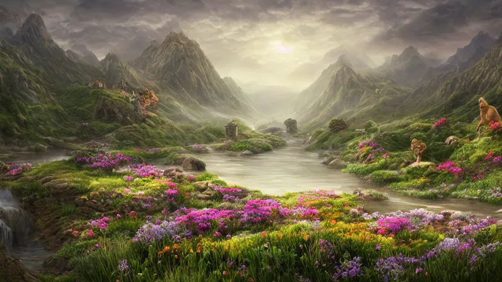 Prompt: Beautiful hyperrealistic detailed matte painting of a Landscape with a wide river in the middle of a meadow full of colorful flowers on the lost Vibes and mountains in the background, at the center there's a giant medieval fantasy portal gate with a rusty gold carved lion face at the center of it that takes you to another world, spring, delicate fog, sea breeze rises in the air, by andreas rocha and john howe, and Martin Johnson Heade, featured on artstation, featured on behance, golden ratio, ultrawide angle, well composed