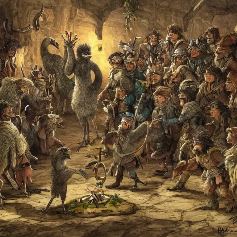 Image similar to a single emu surrounded by halflings in awe in a tavern, fantasy rpg book illustration