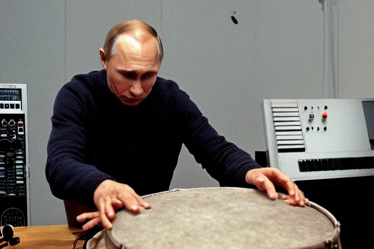 Image similar to Vladimir Putin programming a drum beat on a Roland Tr-909 in his moody music studio