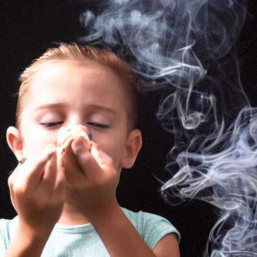 Image similar to child blowing rings of smoke out of their mouth