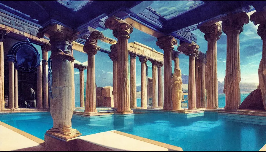 Image similar to A 1985 magazine architecture photo of a pool inside the giant Palace, mediterranean balustrade and columns, refracted lines and sparkles, thunderstorm, greek pool, beach and Tropical vegetation on the background major arcana sky and occult symbols, kitchen by paul delaroche, hyperrealistic 8k uhd, award-winning, 1985