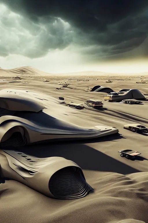 Image similar to zaha hadid buildings in the middle of a mad max desert scene with futuristic car, trending on artstation, cinematic matte painting, stormy weather, dark moody colors, featured on behance