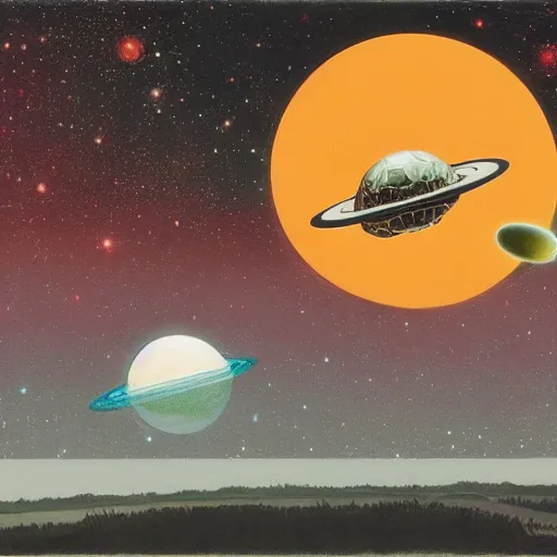 Image similar to galaxies!! turtle hovering below planet earth, gerald brom and andy warhol