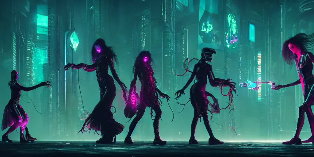 Image similar to cyberpunk witches battling cthulu lovecraftian aliens, contrasting colors, concept art, cinematic, key art, high quality, hyper realism, high detail, octane render