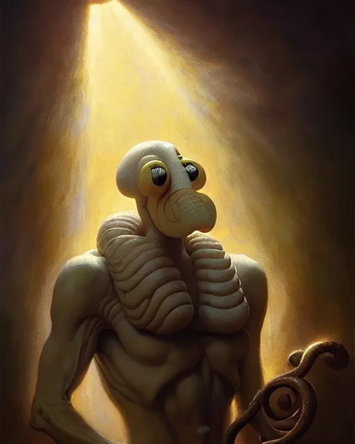 Prompt: squidward from spongebob squarepants, radiant light, caustics, by boris vallejo, gaston bussiere, bayard wu, greg rutkowski, giger, maxim verehin