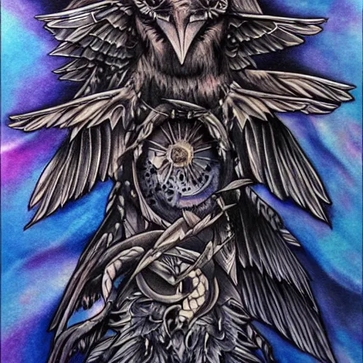 Image similar to raven, jioness, forest, blue flame, moon, tattoo art by Bryan Alfaro, award winning tattoo concept, highly detailed,