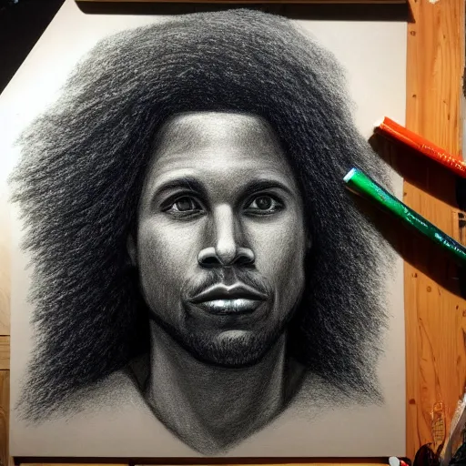 Prompt: portrait realistic chalk drawing of a black man with long curly hair playing a electric, Andromeda Galaxy on the background, trending on artstation