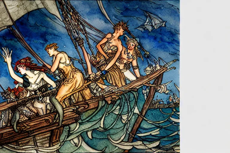 Image similar to sirens raid a pirate ship and attack everyone onboard watercolor painting, art by walter crane and arthur rackham, illustration style, watercolor