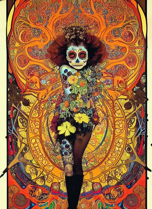 Image similar to realistic detailed psychedelic poster art of a cute punk goth fractal Día de los Muertos girl posing by Victor Moscoso Rick Griffin Alphonse Mucha Gustav Klimt, masterpiece