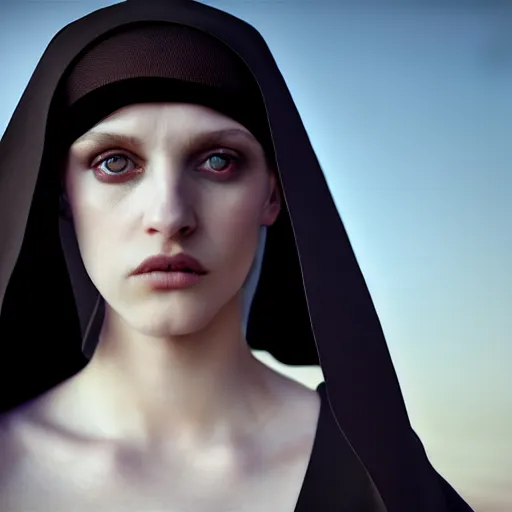 Image similar to photographic portrait of a stunningly beautiful goth nun female in soft dreamy light at sunset, contemporary fashion shoot, by edward robert hughes, annie leibovitz and steve mccurry, david lazar, jimmy nelsson, breathtaking, 8 k resolution, extremely detailed, beautiful, establishing shot, artistic, hyperrealistic, beautiful face, octane render