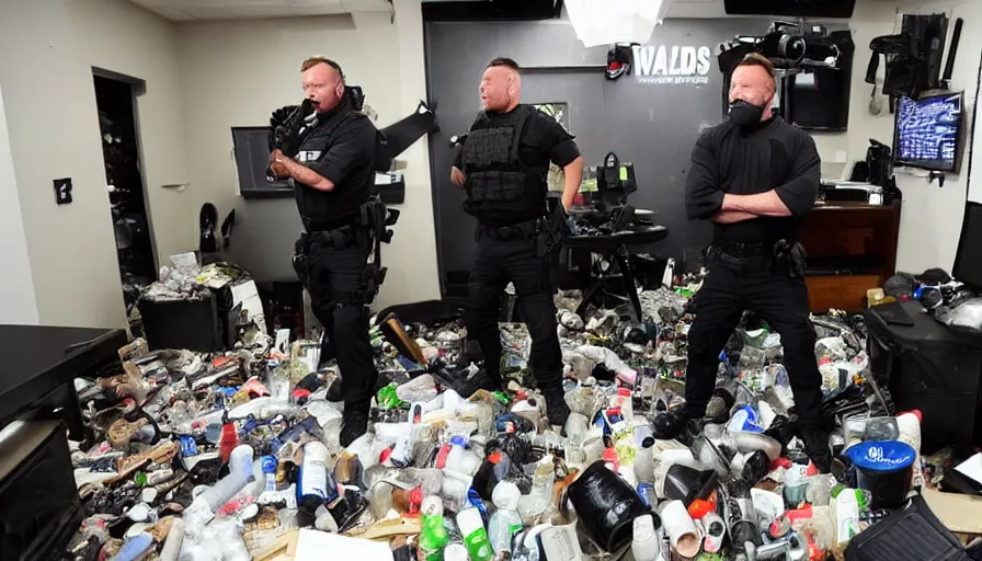 Prompt: SWAT Police group raiding Alex Jones in his INFOWARS studio surrounded by trash and herbal supplements and rubbish and camera equipment, Alex Jones is very angry, smoke and gas, dramatic press photo