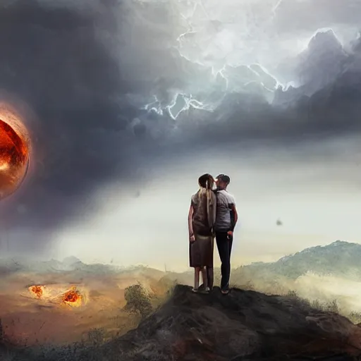 Image similar to a young couple watching the apocalypse unfold, romantic detailed digital matte painting