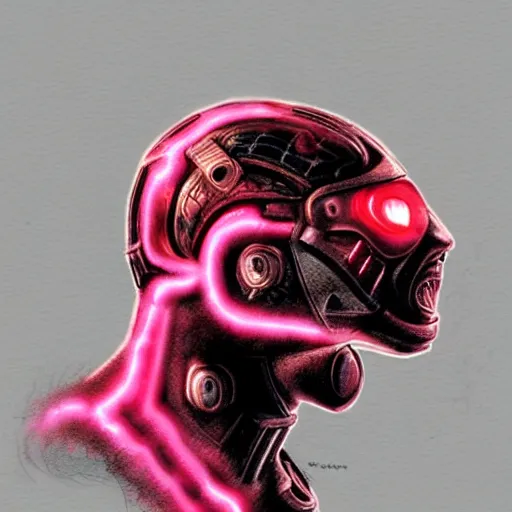 Prompt: profile portrait, helmet tiger cyberpunk made of pink lava and fire design by mark brooks and brad kunkle detailed, character design sketch, high detail, sharp focus, sketch line art for character design