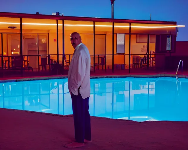 Image similar to photo of a man standing next to a swimming pool outside a motel with a neon sign in the desert at night, cinematic