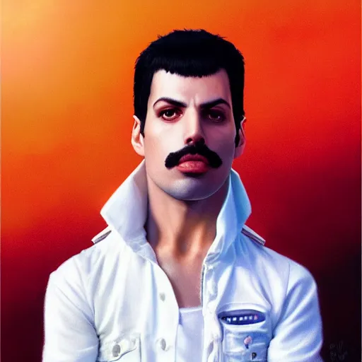 Image similar to of an ultradetailed beautiful portrait panting of freddie mercury, front view, oil painting, by ilya kuvshinov, greg rutkowski and makoto shinkai