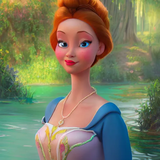 Image similar to a portrait of a princess in an animated disney movie, backwater bayou, oil painting, pale colors, high detail, 8 k, wide angle, global illumination, trending on artstation,