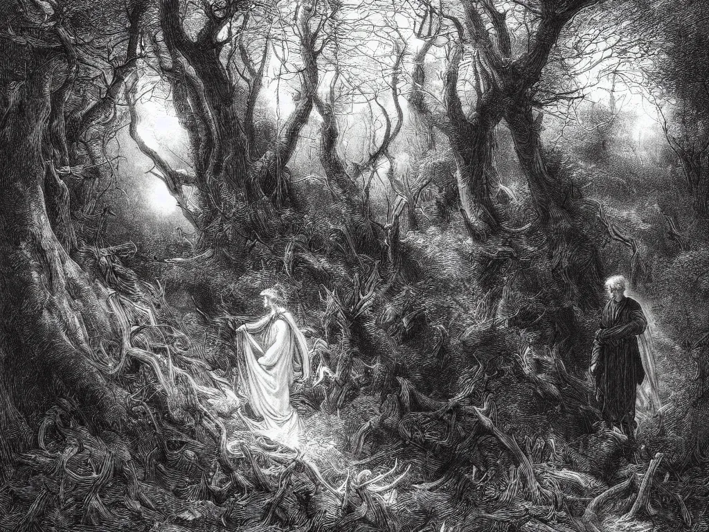 Prompt: an engraving of dante within a dark tangled forest, wistman's wood by gustave dore