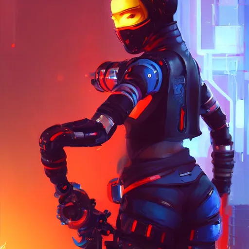 Image similar to stylized cybernetic ninja - cyberpunk girl, wearing techwear and armor, weoponary, complementary colors, highly detailed, artstation, overwatch, concept art, smooth, sharp focus, illustration, art by artgerm, by greg rutkowski, by jeremy mann, by francoise nielly, oil painting -'t