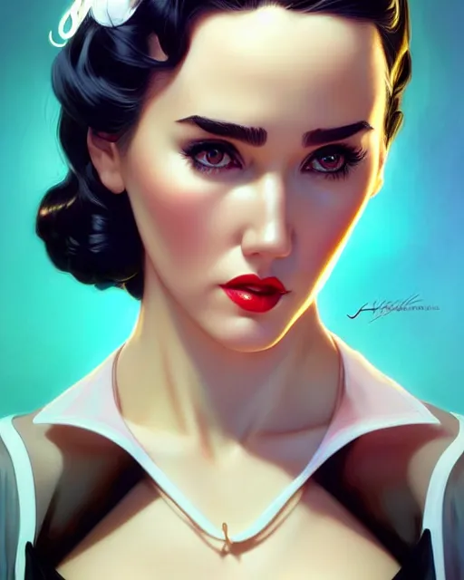 Image similar to a pin up and beautiful fashion charming dreamlke jennifer connelly, symmetrical face, symmetrical eyes, character art, art by artgerm lau and wlop and and ilya kuvshinov and john singer sargent, joshua middleton comic art