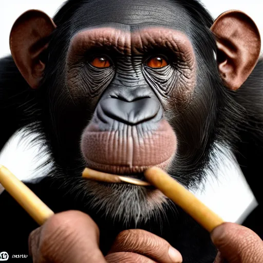 Image similar to a high detail closeup shot of a chimp wearing a suit 👔,and smoking a cigarrette🚬, cgcosiety, artstation, unreal engine, realism