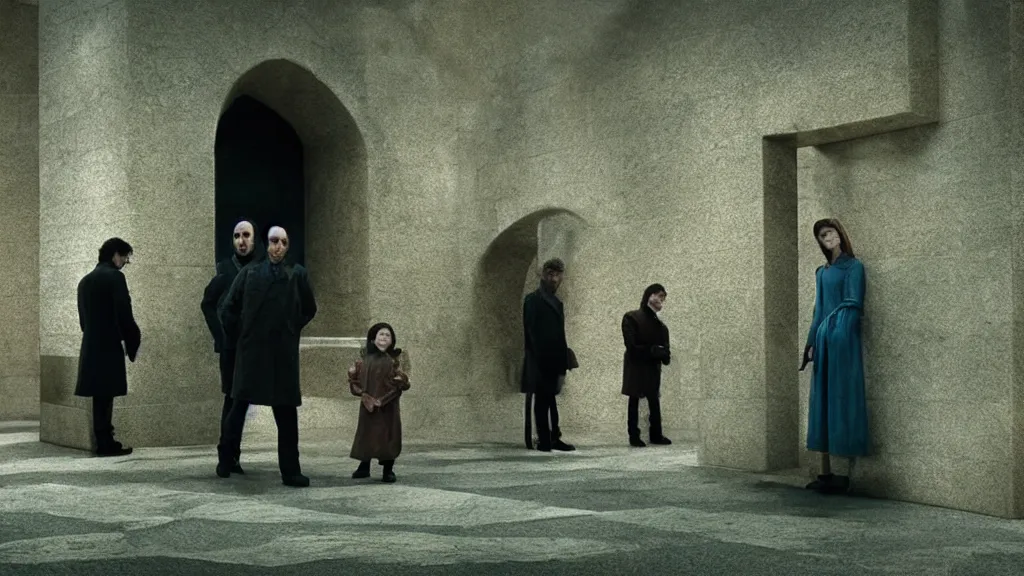 Image similar to the strange creature in line at the bank, made of stone and water, film still from the movie directed by Denis Villeneuve with art direction by Salvador Dalí, wide lens