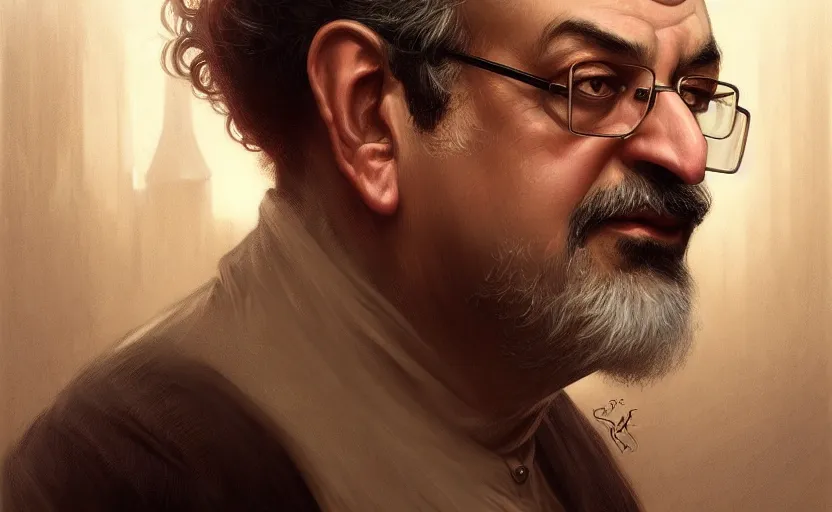 Image similar to portrait of salman rushdie, deep focus, d & d, fantasy, intricate, elegant, highly detailed, digital painting, artstation, concept art, matte, sharp focus, illustration, art by artgerm and greg rutkowski and alphonse mucha