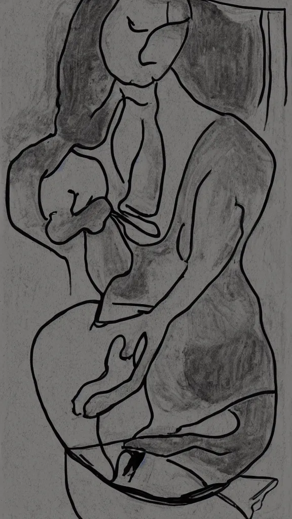 Prompt: simple abstract woman at pottery wheel, black and white, outline drawing, thin sharpie
