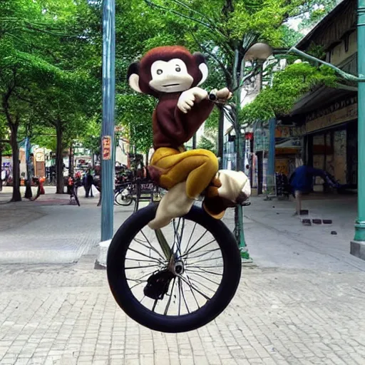 Prompt: “Monkey on a unicycle, in a busy town square, studio Ghibli style”