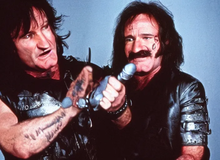 Image similar to promotional image of robin williams in a heavy metal band in a movie from 1978, rugged black clothes, detailed face, movie still frame, promotional image, imax 70 mm footage