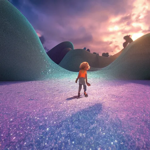 Image similar to a child walking down a liminal styled space stunning sunset in a heavenly crystallized garden of eden notan 3 d architecture single point perspective f 2 2 untra long shot wide angle lens trending on artstation