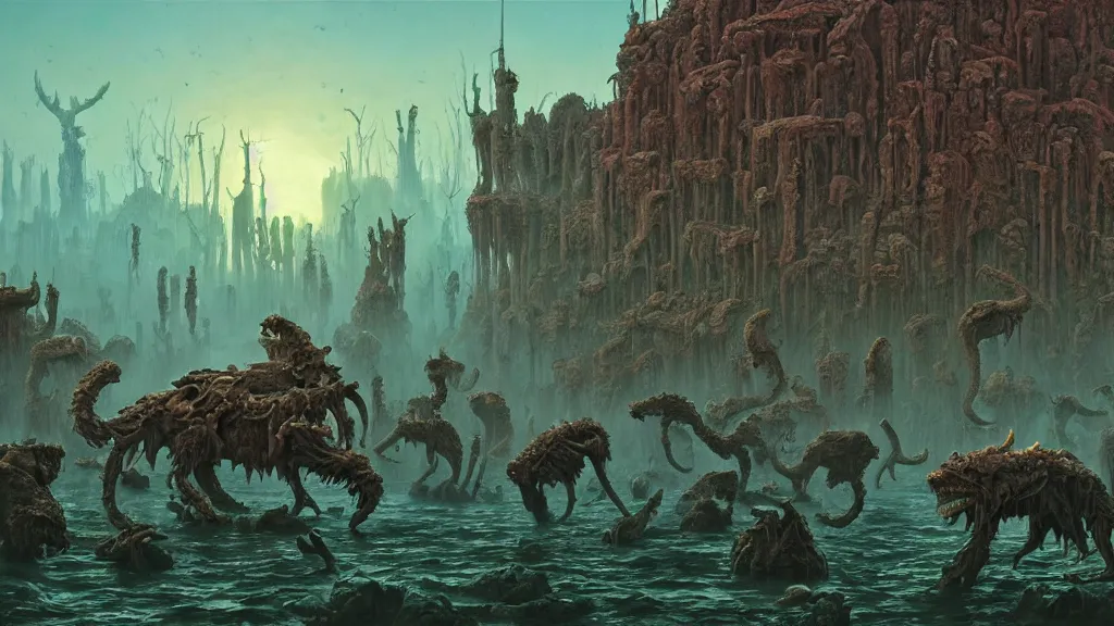 Image similar to the ancient manifestation of evil in a sea of rabid dogs, intricate, detailed, volumetric lighting, sharp focus, scenery, photorealism, digital painting, highly detailed, concept art, by roger dean and simon stalenhag and mark brooks