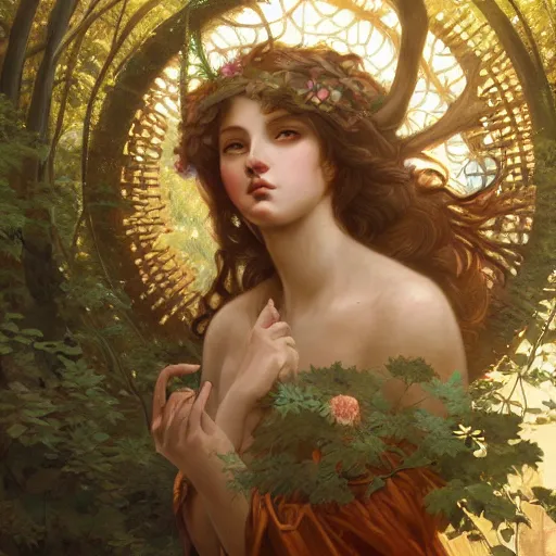 Image similar to portrait of forest goddess, intricate, elegant, highly detailed, digital painting, artstation, concept art, smooth, sharp focus, illustration, art by artgerm and greg rutkowski and alphonse mucha and william - adolphe bouguereau