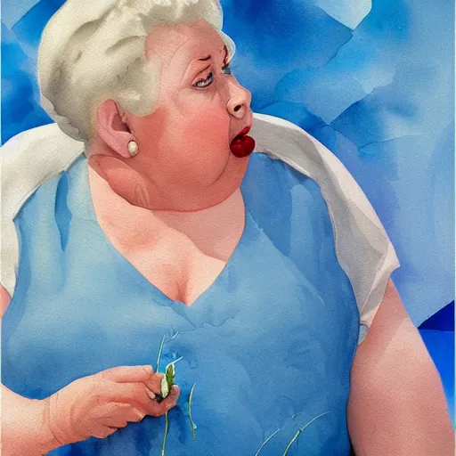 Image similar to a very funny stylize oil painting in cinematic style of a sweet fat old woman kissing her reflection. symmetry face, red mouth, blue eyes. flowery dress. hyper realistic scene. 3 d, octane render, deep focus, white scene. very funny and sweet image. unreal engine. watercolor. fellini style. poster quality. klee style.