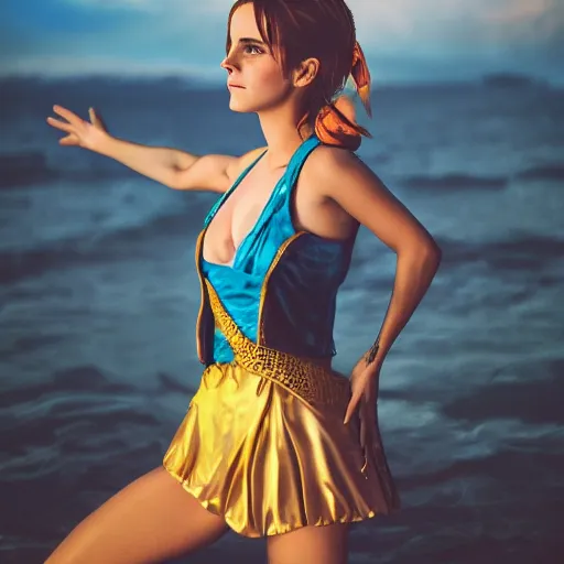 Prompt: emma watson as nami from one piece, award winning photography, cinematic, 50 mm, trending on Twitter