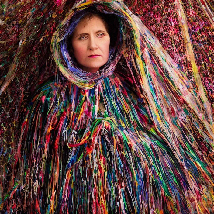 Image similar to a closeup portrait of a woman wearing a cloak made of ribbons, staring at an empty swing playground, color photograph, by vincent desiderio, canon eos c 3 0 0, ƒ 1. 8, 3 5 mm, 8 k, medium - format print