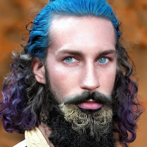 Prompt: Daario is lithe and smooth skinned with bright, deep blue eyes which can appear almost purple. His curly hair reaches his collar, and he keeps his beard cut in three prongs. Daario dyes his hair and trident beard, in blue and other times in deep purple. His fingernails are also enameled blue. His mustachios are painted gold, and he has a large, curving nose. A golden tooth gleams in in his mouth.