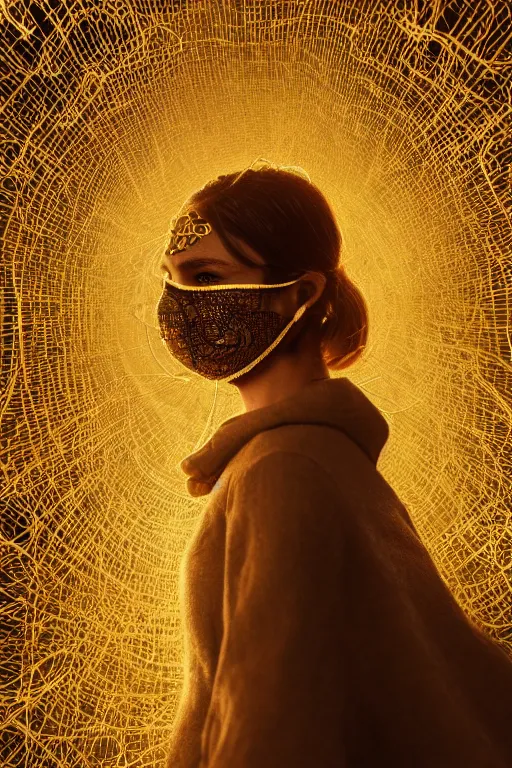 Image similar to wide angle portrait of a woman wearing a mask over her mouth made out of golden intricate wire, weaving the strings of the multiverse, dramatic, moody, backlight, photoreal, intricate complexity, manga styling, octane render