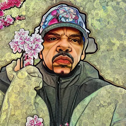 Image similar to ice - t portrait, frosted, alfons mucha, golden hour, realistic, body shot, sharp focus, 8 k high definition, insanely detailed, intricate, elegant, cherry blossoms