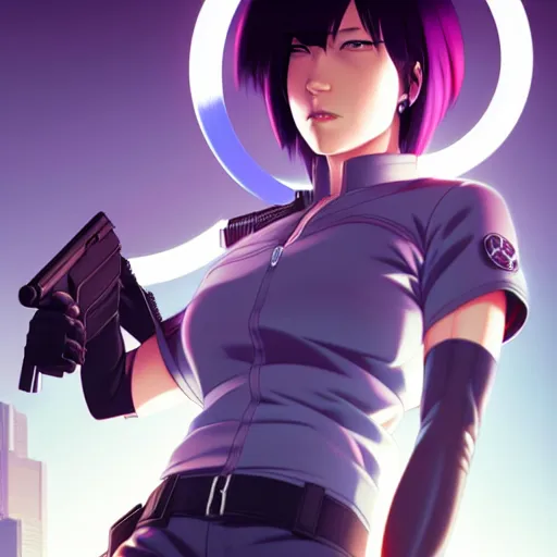 Image similar to motoko kusanagi with a gun in her hand, a character portrait by ilya kuvshinov, rossdraws, artgerm, sola digital arts, anti aliasing, trending on pixiv, sots art, official art, pixiv, anime raytracing