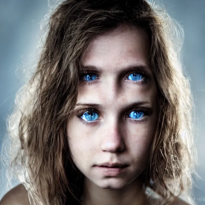 Image similar to dramatic photographic Close-up face of a extremely beautiful girl with light blue eyes and light brown hair , high light on the left, non-illuminated backdrop, illuminated by a dramatic light, Low key lighting, light dark, High constrast, dramatic , Steve Mccurry, Lee Jeffries , Norman Rockwell, Craig Mulins ,dark background, high quality, photo-realistic, 8K,