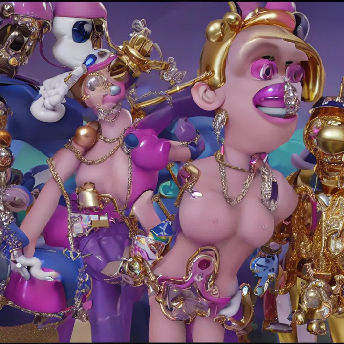 Image similar to jeff koons hip hop bauhaus style street sharks sailor moon wearing diamond grillz and a ton of bussdown iced gold bling in wallace & gromit strata - cut claymation, ultra realistic, concept art, intricate details, serious, highly detailed, photorealistic, octane render, 8 k, unreal engine, art by alphonse mucha