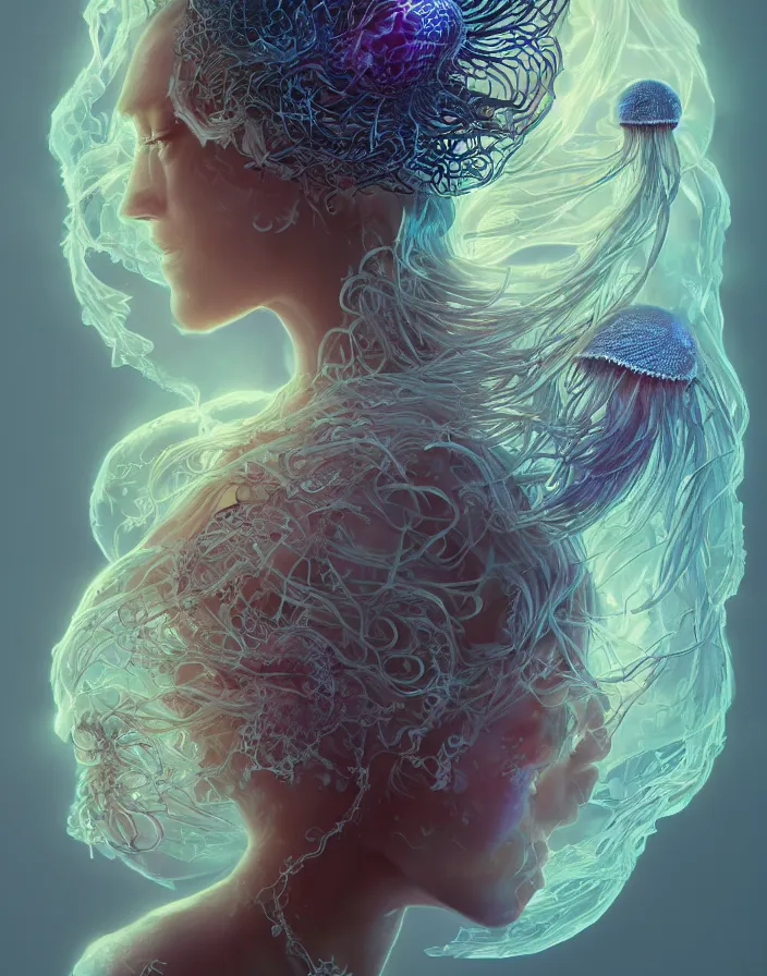 Prompt: goddess portrait. jellyfish phoenix head. intricate artwork by Tooth Wu and wlop and beeple. octane render, trending on artstation, greg rutkowski very coherent symmetrical artwork. cinematic, hyper realism, high detail, octane render, 8k. Vibrant colors. Smooth gradients. High contrast. High depth of field. Shot on sigma f 1.4