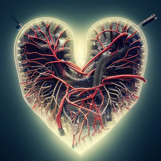 Image similar to a human heart, revealing wires and electronics, arteries, veins, sci - fi, missing panels, intricate abstract upper body intricate artwork, concept art, octane render, deviantart, cinematic, key art, hyperrealism, iridescent accents, portrait photograph, nikon 3 5 mm, photograph by greg rutkowski