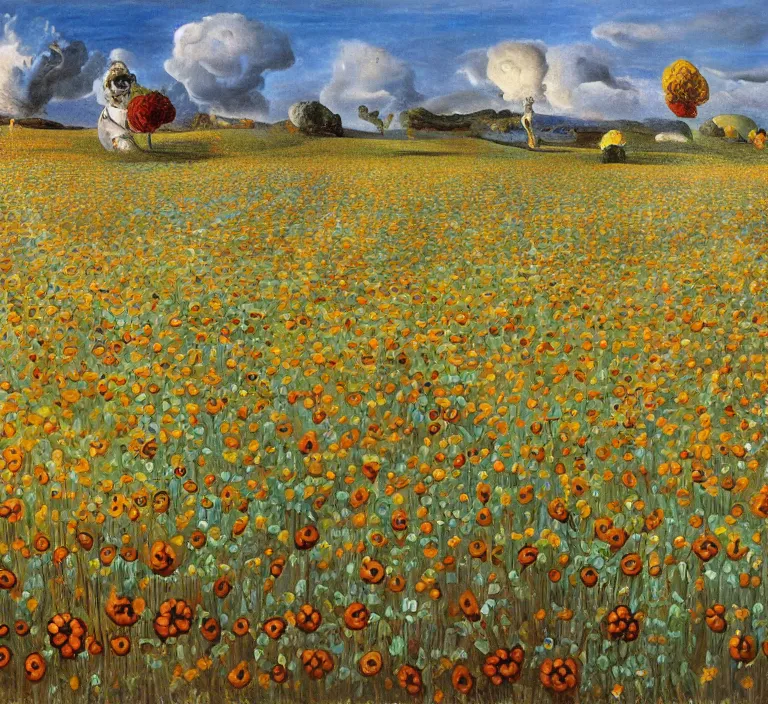 Image similar to highly detailed oil painting of a field of flowers painted by salvador dali