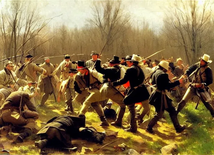 Prompt: anders zorn oil painting of instruction of american civil war battle scene, interpersonal, intimate
